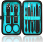 Manicure Set 9 in 1 Stainless Steel, Nail Clippers Scissors Pedicure Tools Kit - Portable Travel Grooming Kit for Men and Women with Black/Red Leather Case (Blue)
