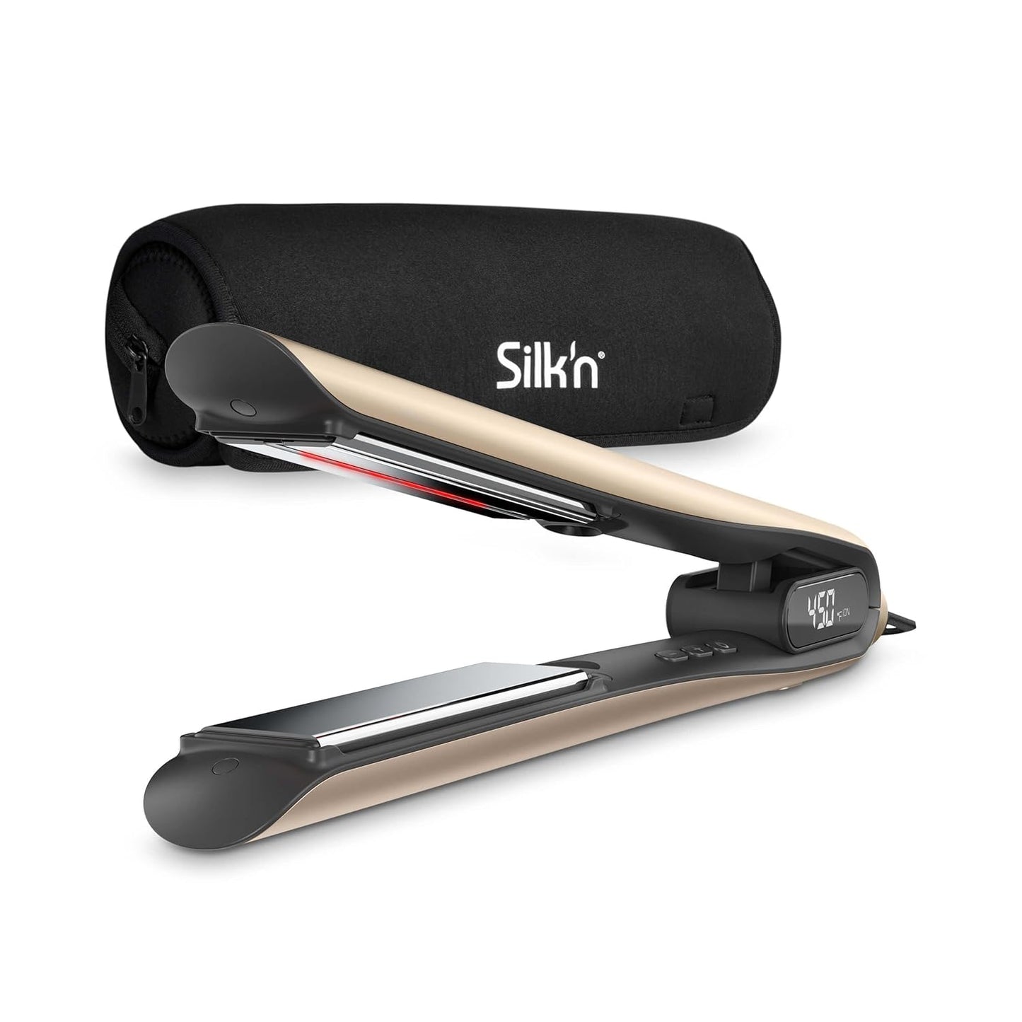 Silk'n 2-in-1 Flat Iron Hair Straightener and Curler - Ionic & Infrared Technology - Floating Titanium Plates and LED Display - For All Hair Types - SilkyStraight - Gold