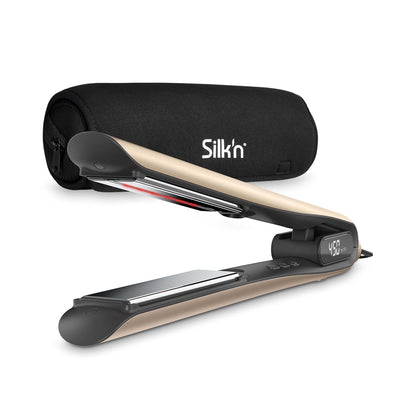 Silk'n 2-in-1 Flat Iron Hair Straightener and Curler - Ionic & Infrared Technology - Floating Titanium Plates and LED Display - For All Hair Types - SilkyStraight - Gold