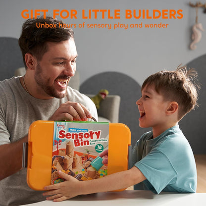 Klever Kits Construction Sensory Bin for Toddlers with Glow in The Dark Stones, Sandbox with Lid Magic Sand Castle Building kit, Preschool Learning Activities for Boys Girls Age 3+