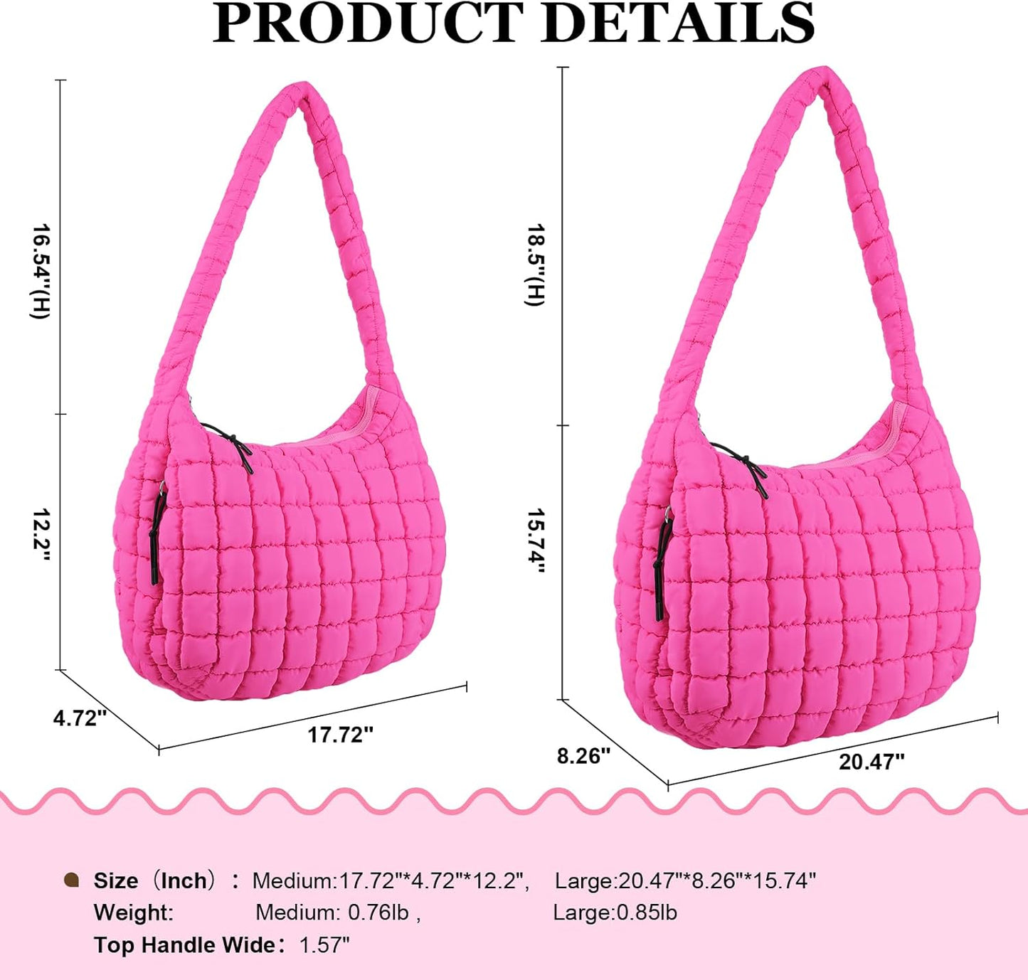 Quilted Puffer Tote Bag Large Crossbody Shoulder Bag with Zipper, Nylon Hobo Oversized Handbag