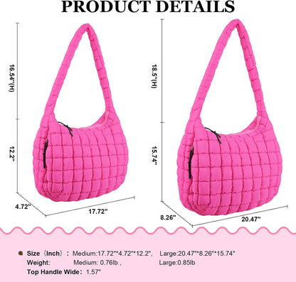 Quilted Puffer Tote Bag Large Crossbody Shoulder Bag with Zipper, Nylon Hobo Oversized Handbag