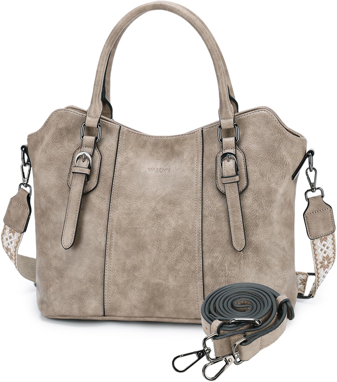 Hobo Bags for Women,VASCHY Vegan Leather Handbag Purse Top Handle Satchel Boho Shoulder Bag with Crossbody Guitar Strap