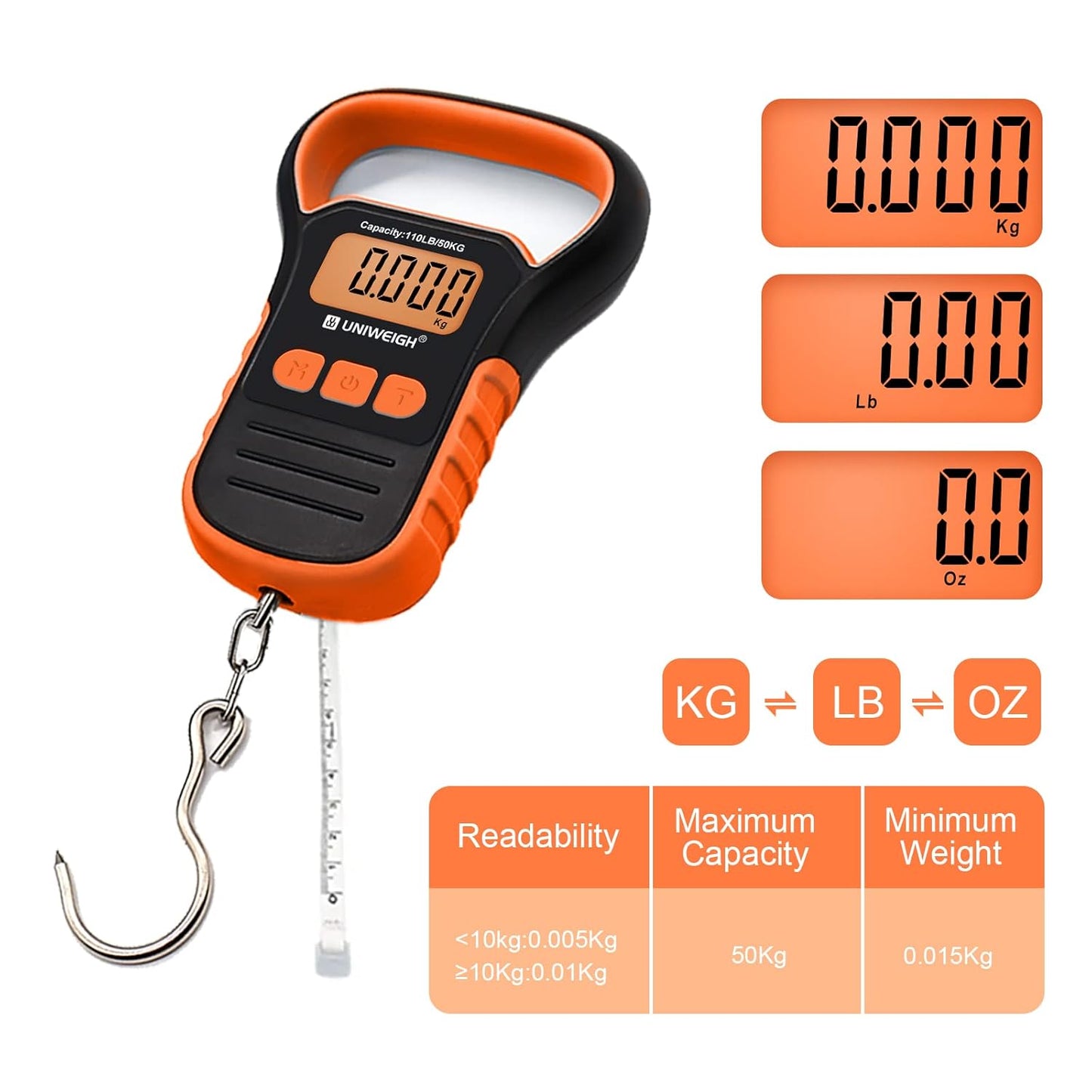 UNIWEIGH Digital Fish Scale Luggage Scale with Fish Lip Gripper, Backlight LCD Display 110lb/50kg Electronic Balance Digital Fishing Postal Hanging Hook Luggage Scale 2 AAA Batteries Included