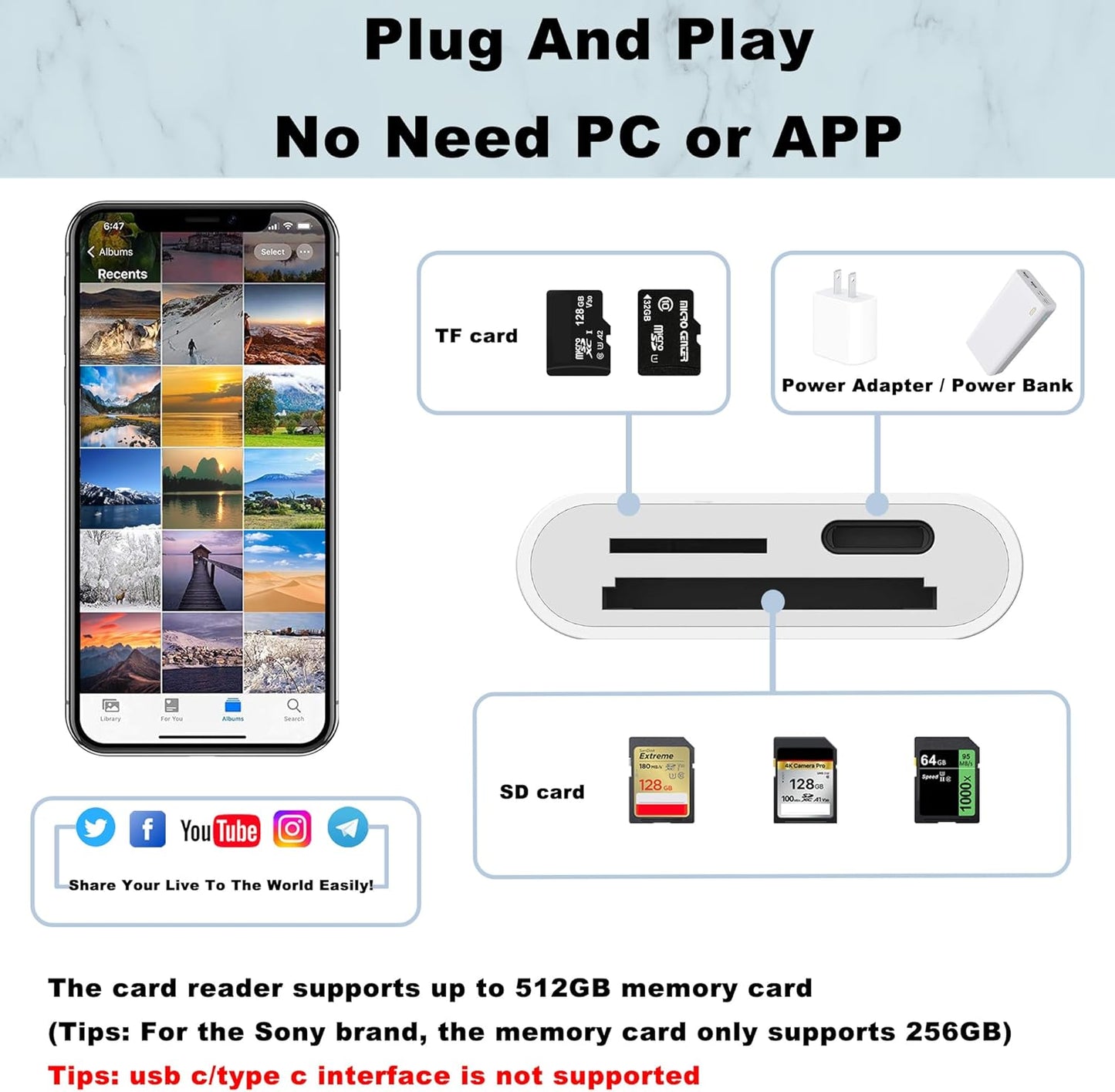 Lightning to Sd Card Reader for iPhone Camera, [Apple MFi Certified] Dual Card Slot Memory Card Readers Supports SD and TF Card, Plug and Play Sd Card Adapter Compatible with iPhone