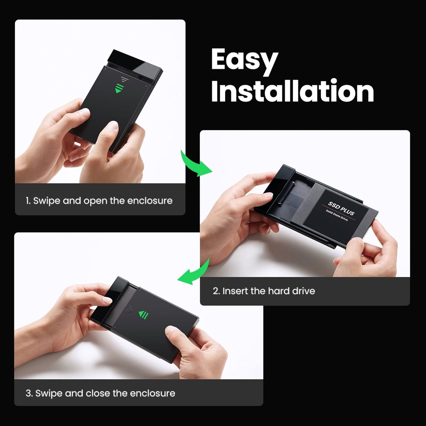 UGREEN Hard Drive Enclosure, 2.5 Inch Hard Disk Case HDD SSD Reader, USB 3.0 to SATA Cable for 9.5mm 7mm SATA III II I, Support Up to 6TB UASP High Speed, Tool-Free, Windows, macOS, Linux, Black
