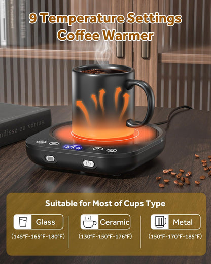 Mug Warmer Coffee Cup Warmer for Desk, New Upgrade Gravity-Induction Beverage Warme with 9 Temperature Settings and 1-9H Timer Smart Candle Cup Warmer for Home & Office (Black