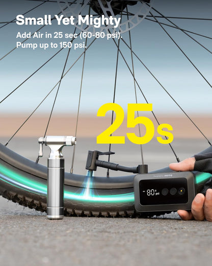 HOTO Air Pump Pocket, Mini Bike Tire Pump, 25s Fast Inflate Bike Pump Electric with Guage, 150PSI Portable Electric Bicycle Air Pump with Presta and Schrader Valve for Road Bike, Motorcycle, E-Bike