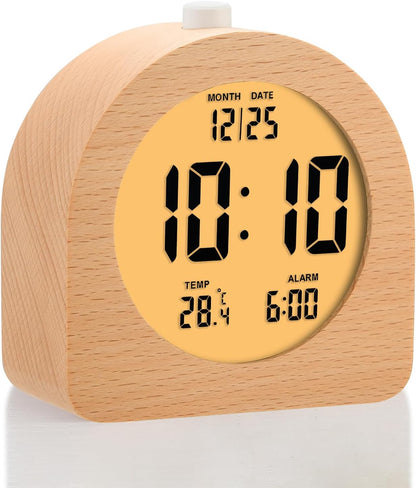 Plumeet Wooden Digital Alarm Clock for Bedrooms, Wood 4'' Battery Powered Alarm Clock with Snooze and Nightlight, Electronic LCD Desk Clock Display Time, Date, Temp, 12/24H, Wood Décor (Sapele, 3.2'')