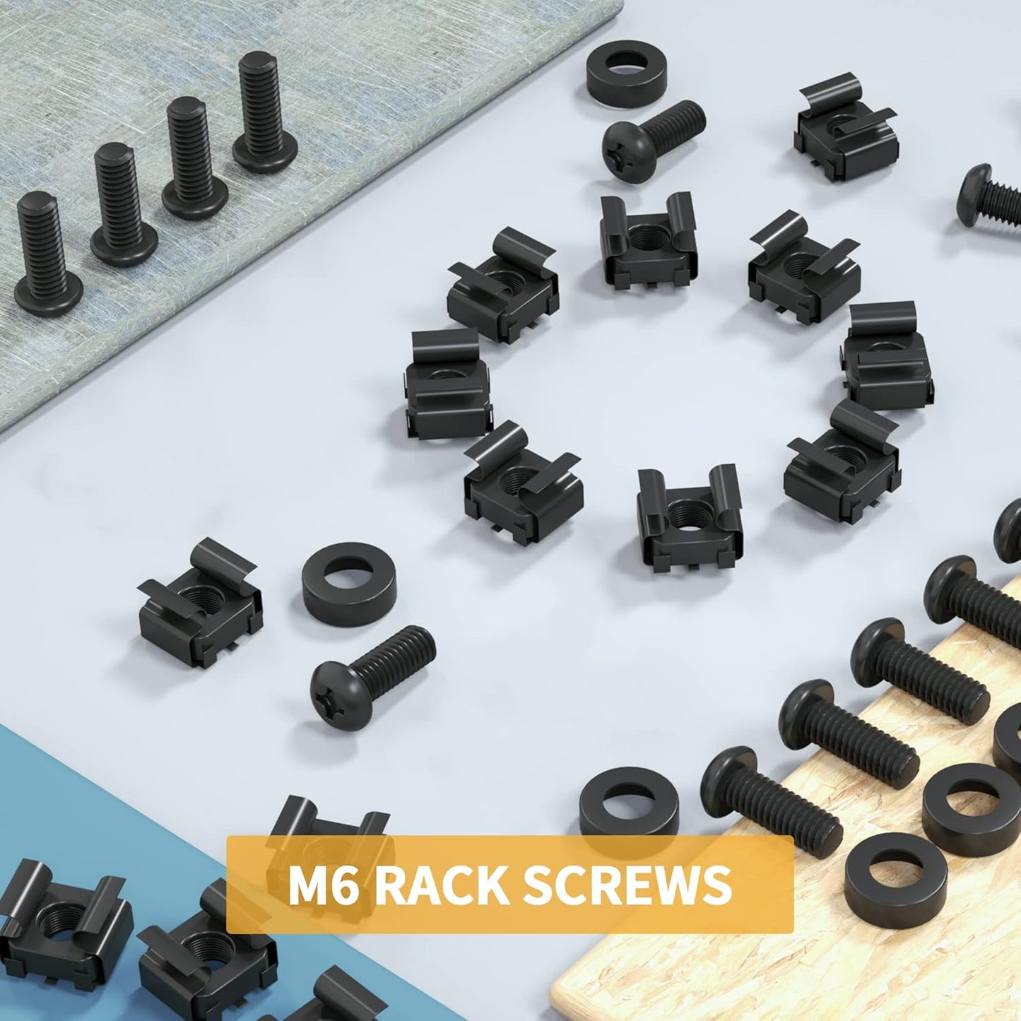 XOOL 50 PCS M6 x16mm Rack Mount Cage Nuts, Screws and Washers for Rack Mount Server Cabinet,Rack Mount Server Shelves,Routers,Rack Mount Screws and Square Insert Nuts,Self-Locking Cable Ties for Free