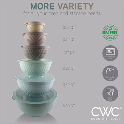 COOK WITH COLOR Mixing Bowls with TPR Lids - 12 Piece Plastic Nesting Bowls Set Includes 6 Prep Bowls and 6 Lids, Microwave Safe Mixing Bowl Set (Mint)