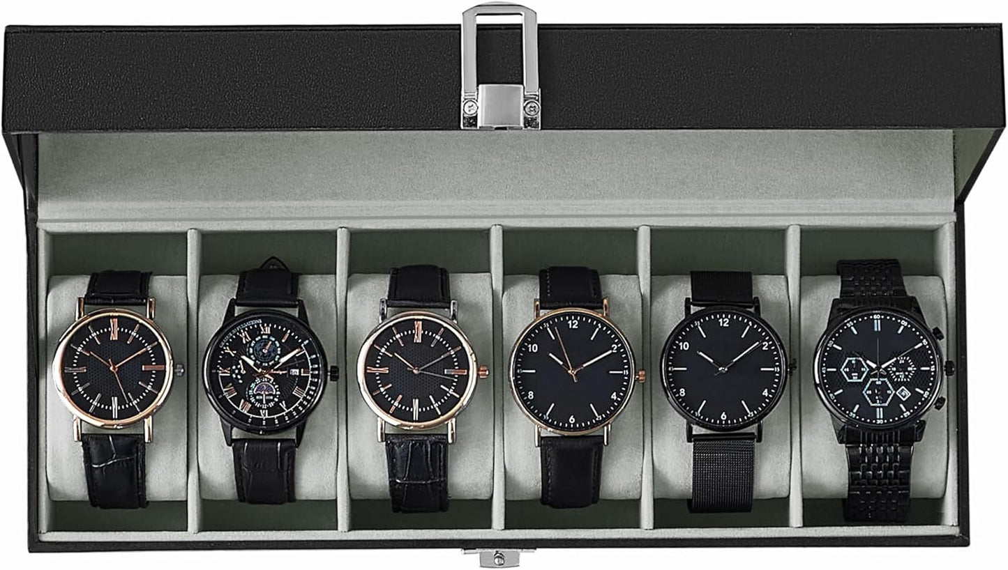 SONGMICS Watch Box, 6-Slot Watch Case, Watch Box Organizer, Black Synthetic Leather, Greenish Gray Lining UJWB06BK