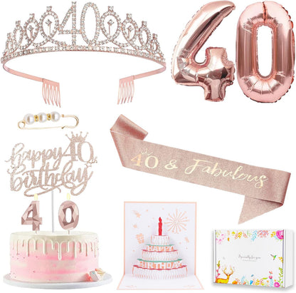 8pcs 40th Birthday Decorations gifts for Women, Including 40th Happy Birthday Cake Topper, Queen Sash with Pearl Pin, Sweet Rhinestone Tiara Crown for Women, Number Candles and Balloons (Rose Gold)