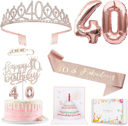 8pcs 40th Birthday Decorations gifts for Women, Including 40th Happy Birthday Cake Topper, Queen Sash with Pearl Pin, Sweet Rhinestone Tiara Crown for Women, Number Candles and Balloons (Rose Gold)