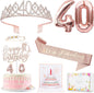8pcs 40th Birthday Decorations gifts for Women, Including 40th Happy Birthday Cake Topper, Queen Sash with Pearl Pin, Sweet Rhinestone Tiara Crown for Women, Number Candles and Balloons (Rose Gold)