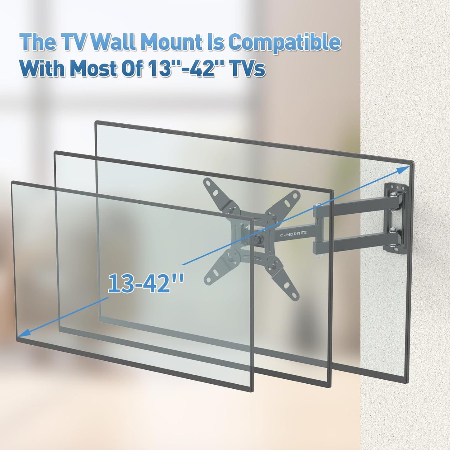 Full Motion Articulating TV Wall Mount Bracket with Swivel Tilt Extension & Rotation, Adjustable Arms for 13-42 Inch Flat/Curved LED LCD TVs & Monitors, Max 44lbs VESA 200x200mm