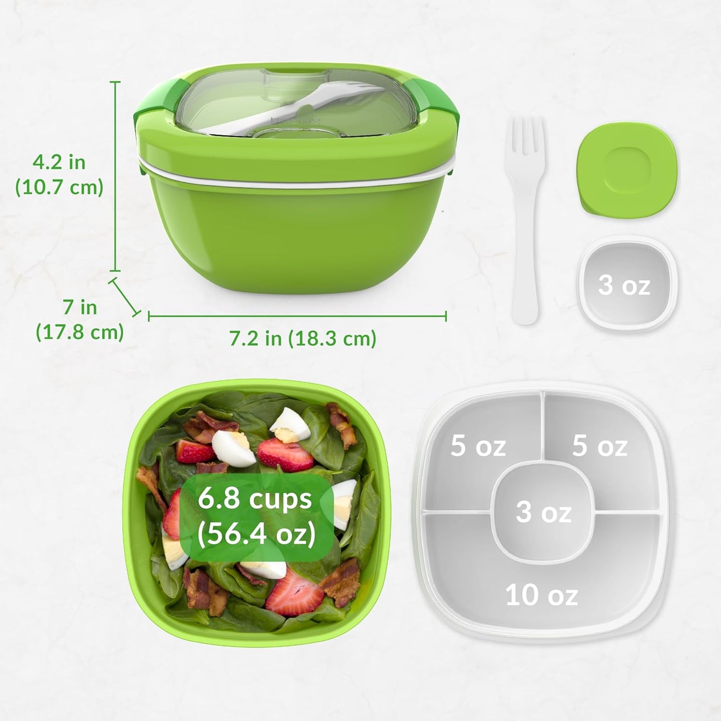 Bentgo Salad - Stackable Lunch Container with Large 54-oz Salad Bowl, 4-Compartment Bento-Style Tray for Toppings, 3-oz Sauce Container for Dressings, Built-in Reusable Fork & BPA-Free (Khaki Green)