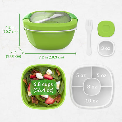 Bentgo Salad - Stackable Lunch Container with Large 54-oz Salad Bowl, 4-Compartment Bento-Style Tray for Toppings, 3-oz Sauce Container for Dressings, Built-in Reusable Fork & BPA-Free (Khaki Green)