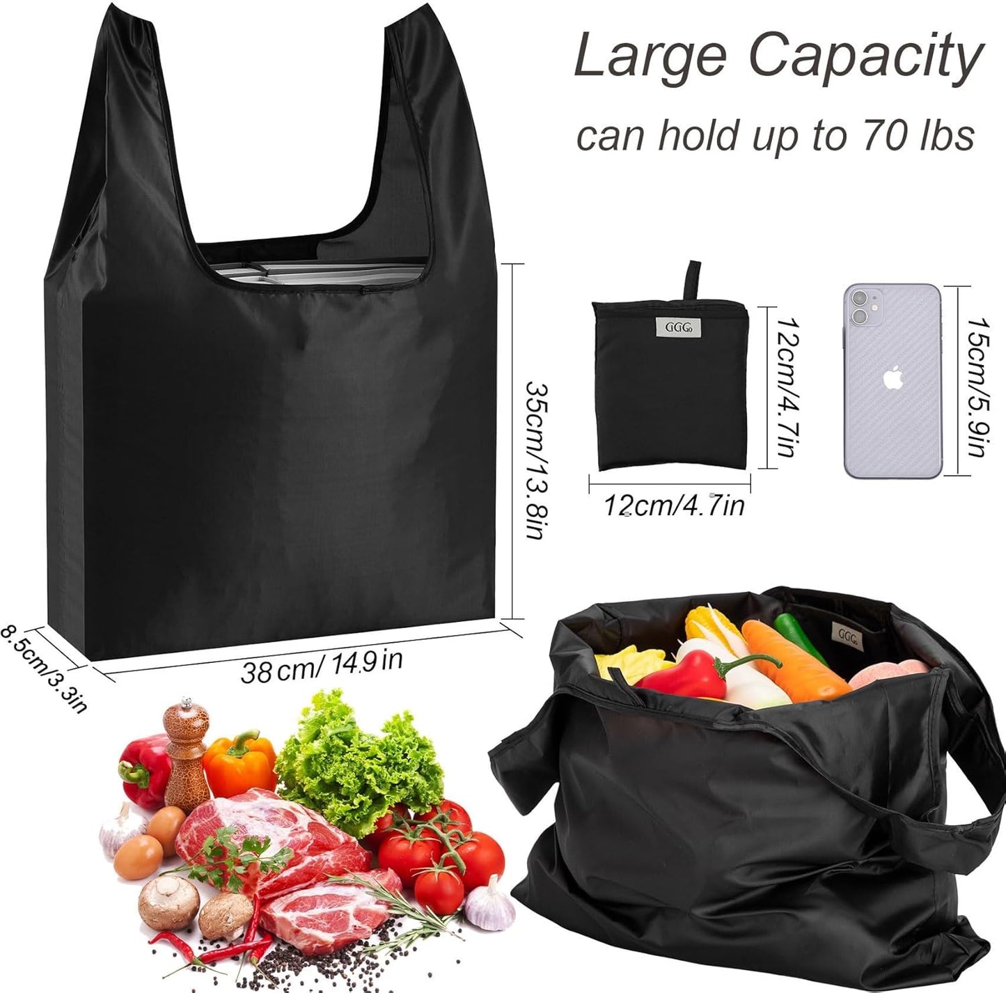 Purilite Select™ Reusable Grocery Bags – Heavy-Duty, Foldable, and Machine Washable (6-Pack