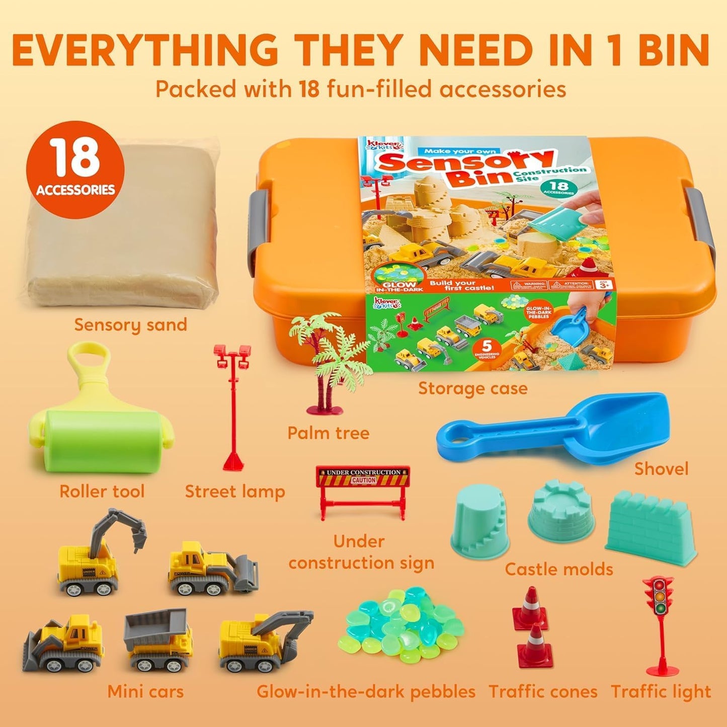 Klever Kits Construction Sensory Bin for Toddlers with Glow in The Dark Stones, Sandbox with Lid Magic Sand Castle Building kit, Preschool Learning Activities for Boys Girls Age 3+