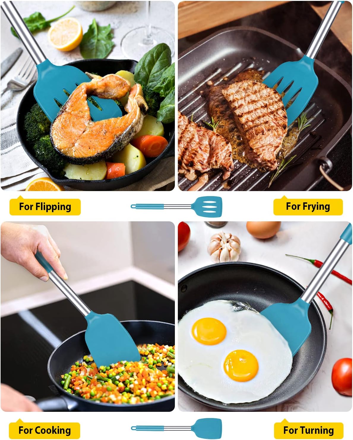 Pack of 2 Silicone Slotted Spatula,Non Stick Solid Kitchen Turner, High Heat Resistant BPA Free Cooking Utensils for Fish, Eggs, Pancakes（Black