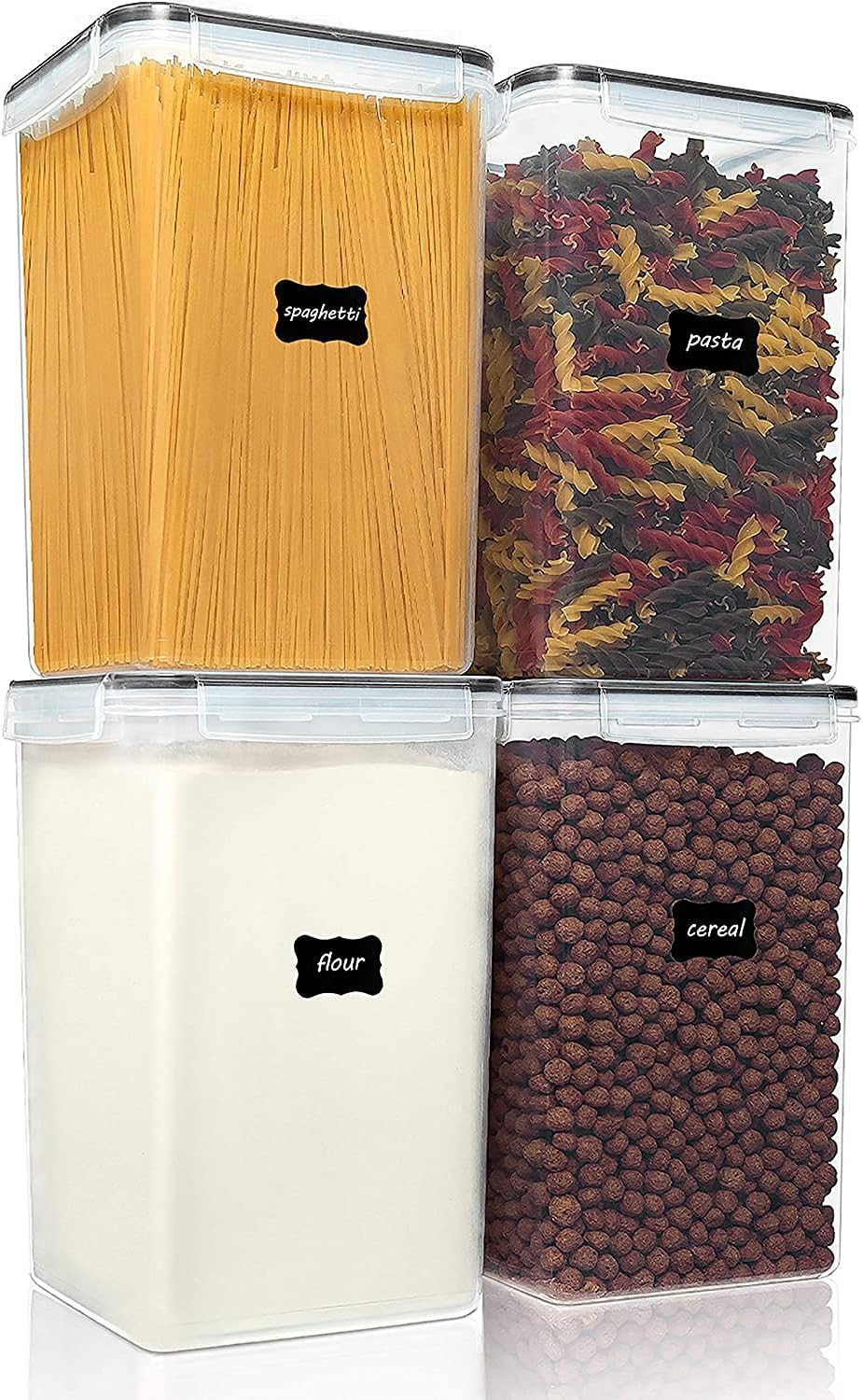 Vtopmart Extra Large Tall Airtight Food Storage Containers, 4 Pieces 6.5L Plastic Kitchen Pantry Storage Containers for Spaghetti, Flour and Baking Supplies - Include 24 Labels, Black