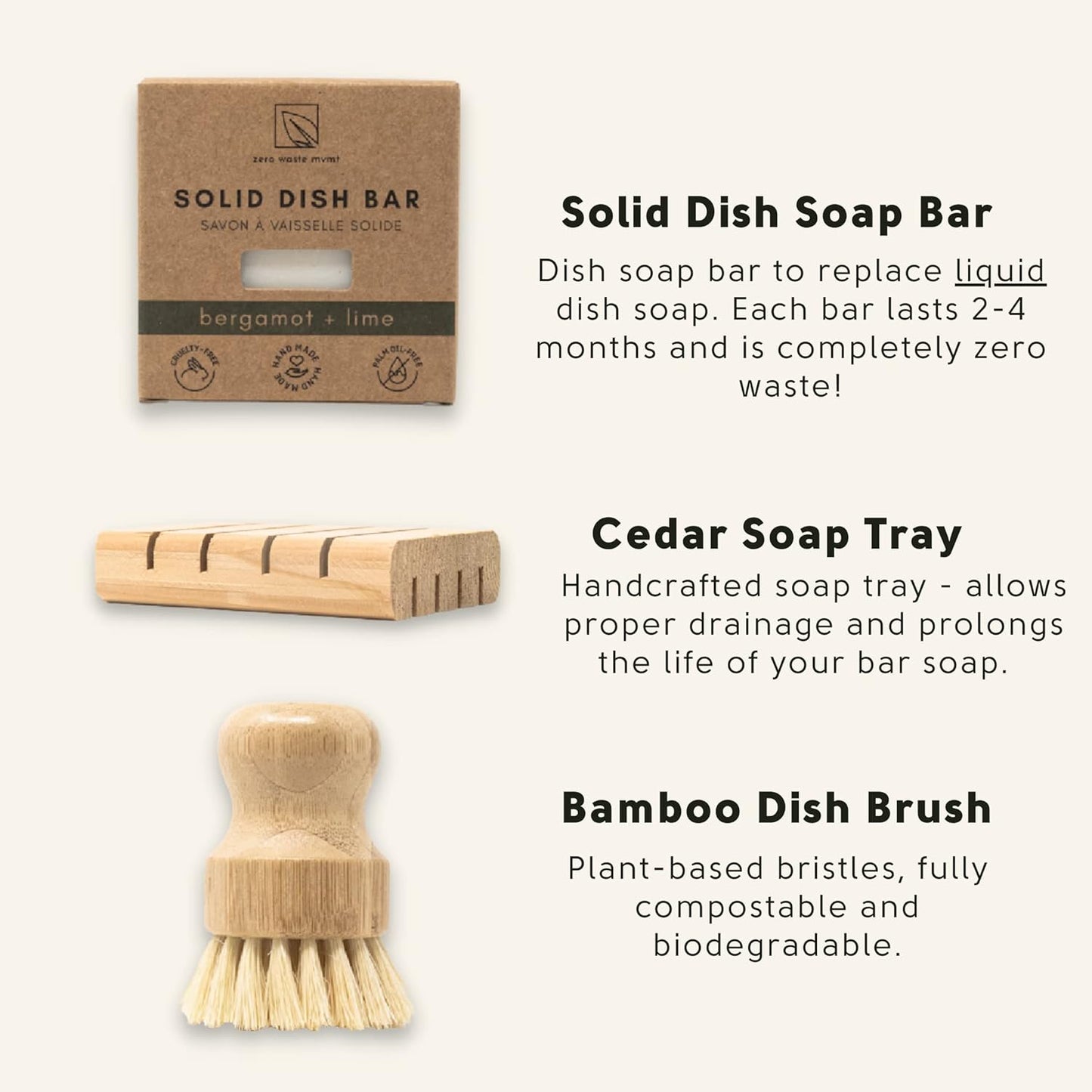 Zero Waste Dish Washing Bundle Kit | Eco-Friendly Solid Dish Soap Bar, Cedar Tray, Bamboo Pot Brush | Organic, Vegan, Non-Toxic Dish Soap | 3pc. Set