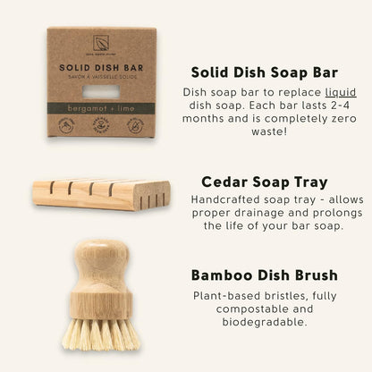 Zero Waste Dish Washing Bundle Kit | Eco-Friendly Solid Dish Soap Bar, Cedar Tray, Bamboo Pot Brush | Organic, Vegan, Non-Toxic Dish Soap | 3pc. Set