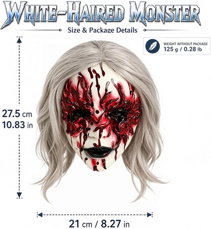 Scary Halloween Bloody Zombie Mask with White Wig for Women