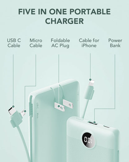 Portable Charger Built-in Cables and AC Wall Plug, VRURC USB C Power Bank 10000mAh, [2025 Upgraded Version] Phone Charger Compact Lightweight External Battery Pack for Smart Phones,Navy Blue