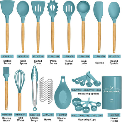 Umite Chef Kitchen Cooking Utensils Set, 33 pcs Non-Stick Silicone Cooking Kitchen Utensils Spatula Set with Holder, Wooden Handle Silicone Kitchen Gadgets Utensil Set (Khaki)