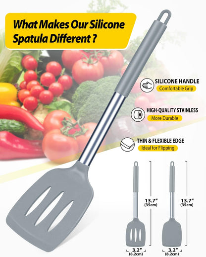 Pack of 2 Silicone Slotted Spatula,Non Stick Solid Kitchen Turner, High Heat Resistant BPA Free Cooking Utensils for Fish, Eggs, Pancakes（Black