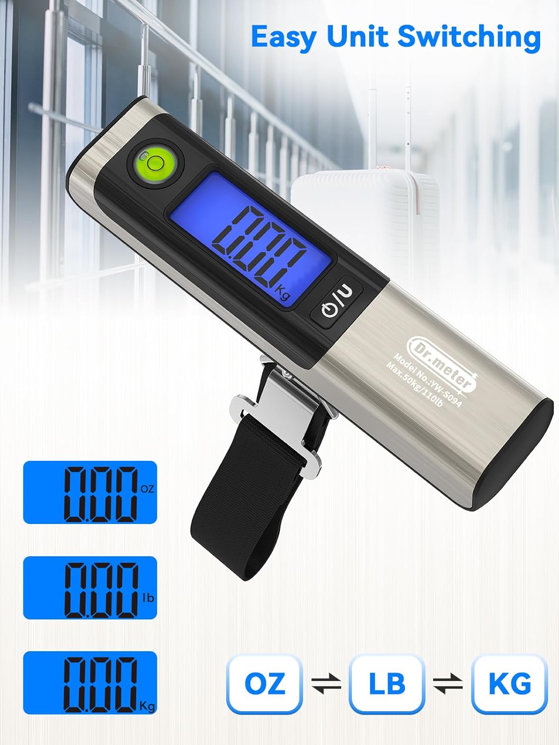 Luggage Scale, Dr.meter Digital Hanging Weight Scale with Tape Ruler, Portable Suitcase Scale 110lb/50kg Backlight LCD Display Electronic Scale Travel Essentials Traveler Gifts, Overload Alarm-Silver