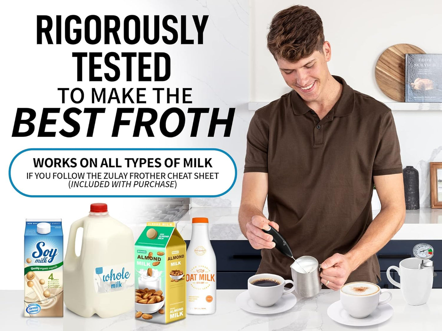 Zulay Milk Frother Complete Set Coffee Gift, Handheld Foam Maker for Lattes - Whisk Drink Mixer for Coffee, Mini Blender for Cappuccino, Frappe - Includes Frother, Stencils & Frothing Cup (Black)