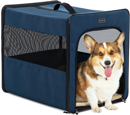 PETSFIT Soft Sided Dog Crate, Travel Dog Crate - 19 Inch Lightweight, Roomy, Easy to Set Up, Sturdy Portable Dog Kennel with Thick Mat, Navy Blue