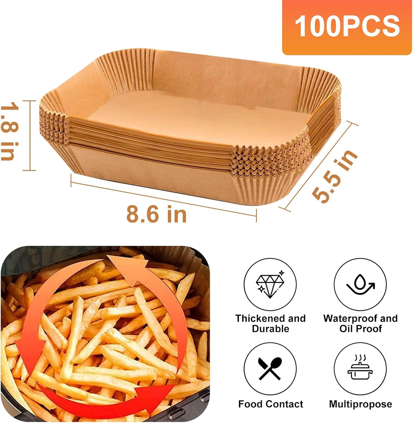 Air Fryer Liners,100Pcs 8.6" Square Air Fryer Parchment Paper Liners for 3 to 8 QT Baskets, Non-Stick & Oil Proof and Food Grade Baking Alternative to Foil for Easy Cleanup