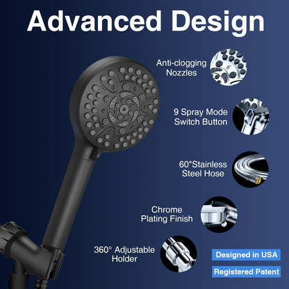 High Pressure 10-Mode Handheld Shower Head - Built in Power Wash for Clean, Replaceable Filter Soften Hard Water Remove Chlorine, 60 Inches Hose, Overhead Bracket, Anti-Clog Nozzle (Chrome)