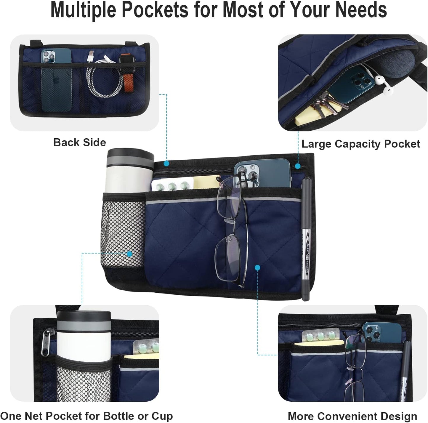 Wheelchair Side Bag, Wheelchair Armrest Storage Pouch with Cup Holder and Reflective Strip for Wheelchairs, Walkers or Rollators (Black)