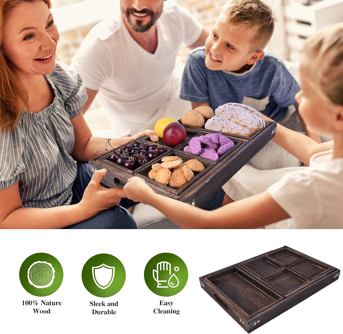 Wood Serving Tray with Handles, Set of 7 Rectangular Wooden Nesting Multipurpose Trays, Decorative Serving Trays Platter for Breakfast in Bed, Lunch, Dinner, Patio, Ottoman, Coffee Table, Party