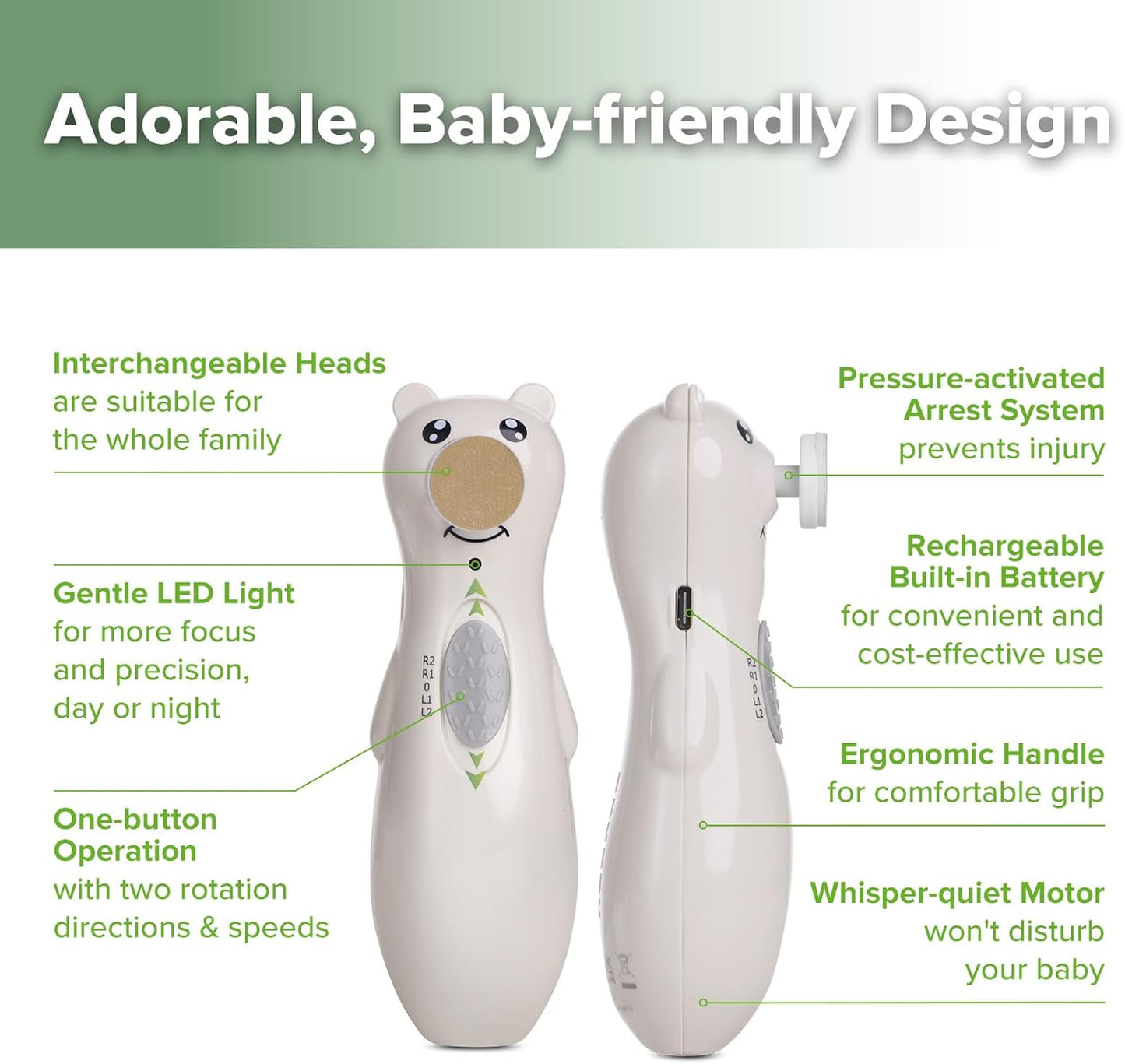 haakaa Happii Bear Baby Nail File Electric Nail Trimmer with LED Light, Rechargeable Baby Nail Clippers for Newborn/Adults Toes and Fingernails, Additional Replacement Heads & Charging Cable