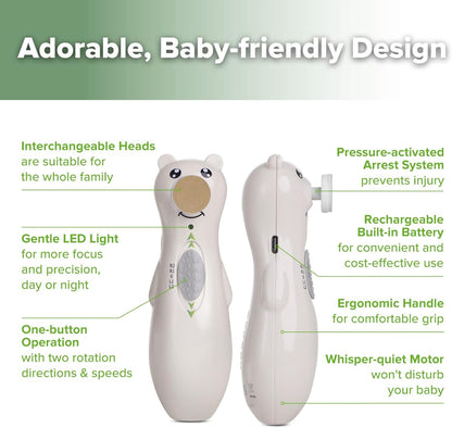 haakaa Happii Bear Baby Nail File Electric Nail Trimmer with LED Light, Rechargeable Baby Nail Clippers for Newborn/Adults Toes and Fingernails, Additional Replacement Heads & Charging Cable