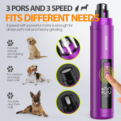 IREDOON Dog Nail Grinder Upgraded - Professional 3-Speed Super Quiet and Low Vibration Electric Pet Nail Grinder with 4 LED Lights - Painless Paws Grooming & Smoothing for Small to Large Dogs (Black)