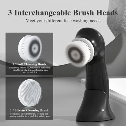 TOUCHBeauty Facial Cleansing Brush Electric, Face Cleansing Brush with Stand, 3 Brush Heads, 2 Speeds, IPX5 Waterproof, Battery-Powered, Suitable for All Skin Types, AG-0759D, White