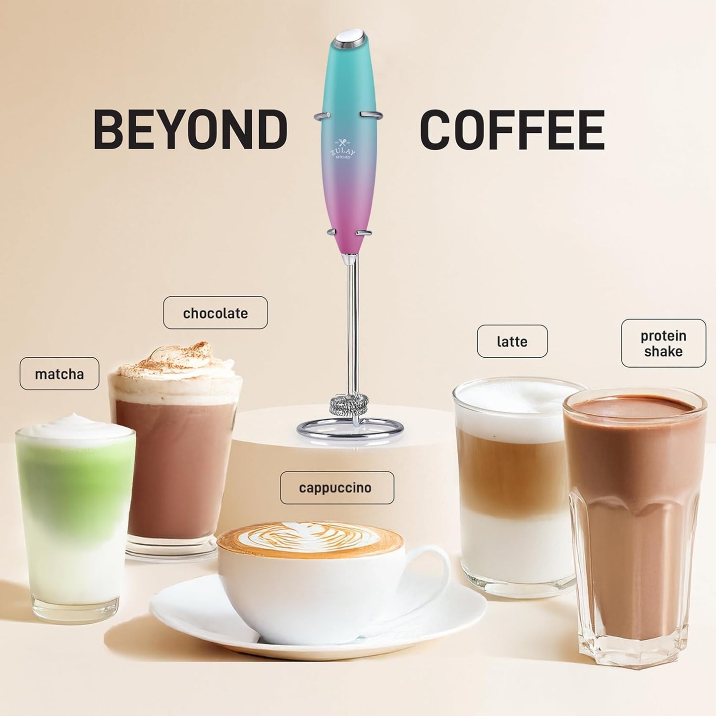Zulay Kitchen Powerful Double Whisk Milk Frother Handheld - Foam Maker with Stand - Whisk Drink Mixer for Coffee, Mini Foamer for Latte, Matcha, Frappe, Hot Chocolate & Cappuccino (Black)