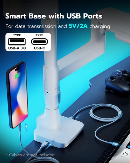 ARES WING Dual Monitor Arm for Ultrawide Heavy Duty Curved Monitor Stacking, Fits 17-49 Inch, Vertical Gas Spring Double Monitor Mount with USB, Adjustable Dual Monitor Mount for Desk, White
