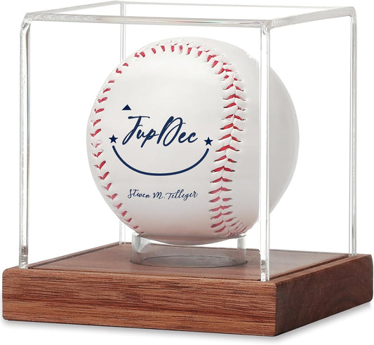 JupDec Baseball Display Case, Clear Cube Baseball Holder with Wooden Base, Autograph Baseball Stand Box for Single Ball, Acacia Wood, Brown, 1 Pack