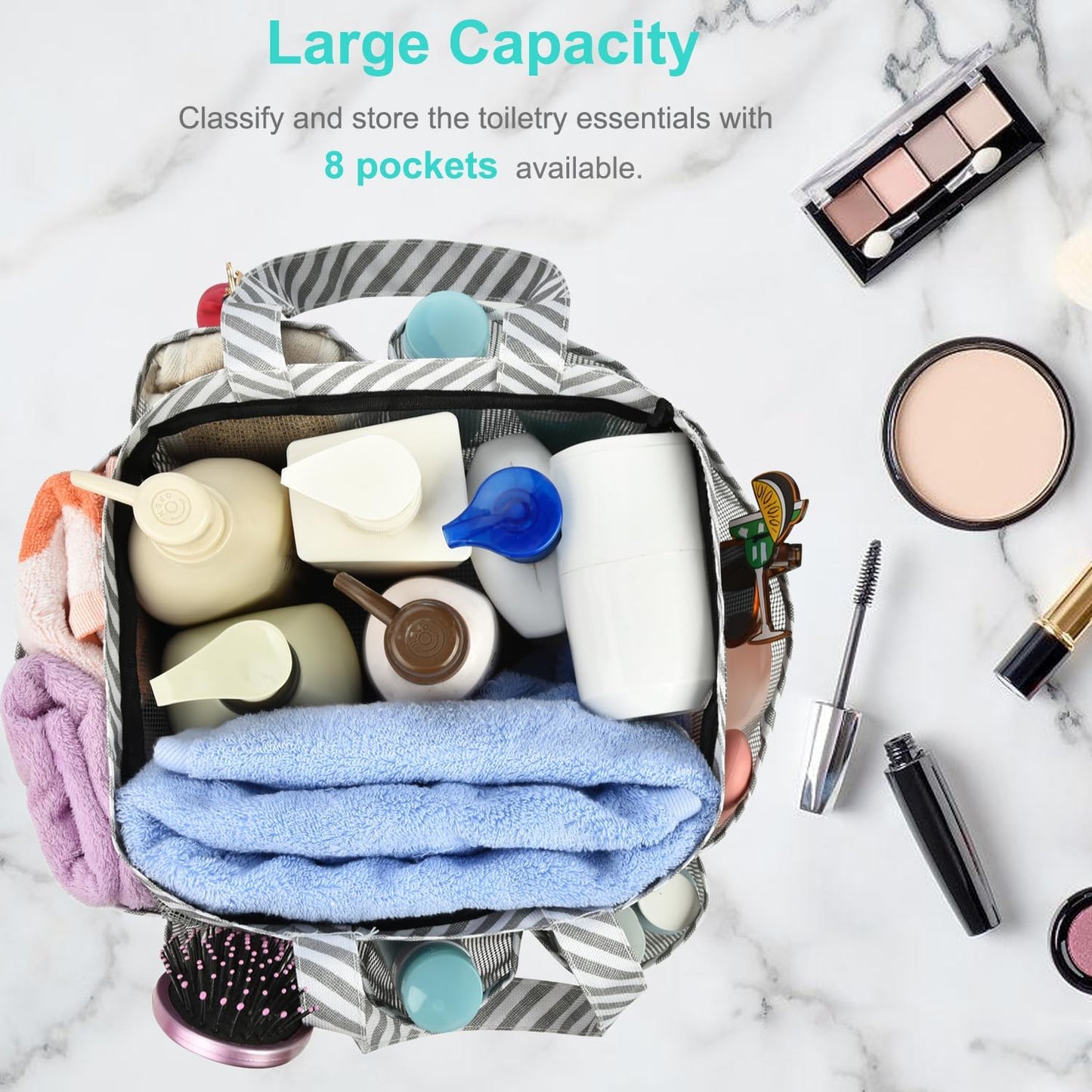 Mesh Shower Caddy Tote, Large College Dorm Bathroom Caddy Organizer with Key Hook and 2 Oxford Handles, Quick Hold, 8 Basket Pockets for Camp Gym