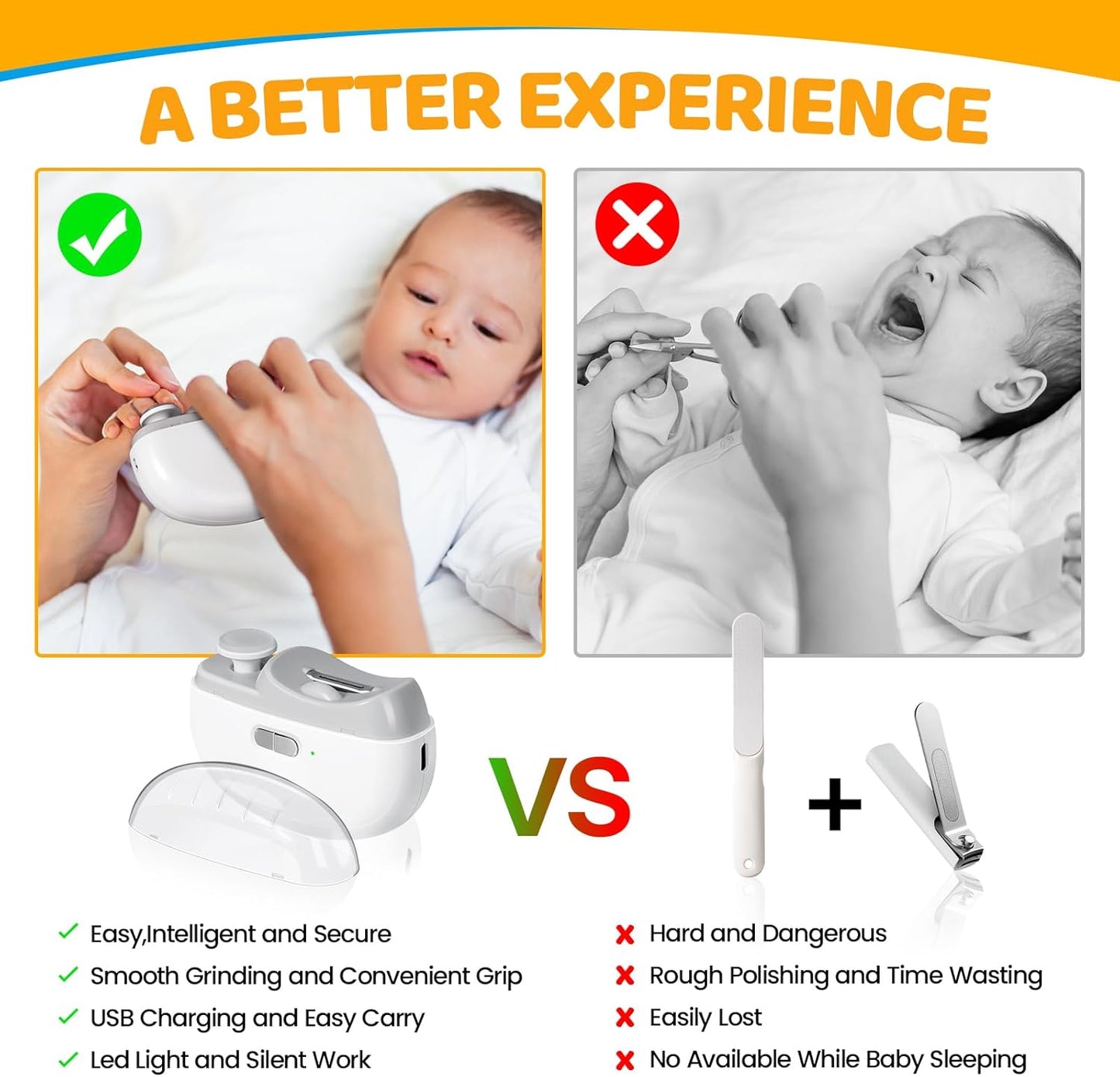 Electric Nail Clipper for Baby with LED Light, 2-in-1 Rechargeable Newborn Nail Trimmer with Scraps Storage, 2 Speeds Nail File for Kid Toddler Infant Adult Nail Care