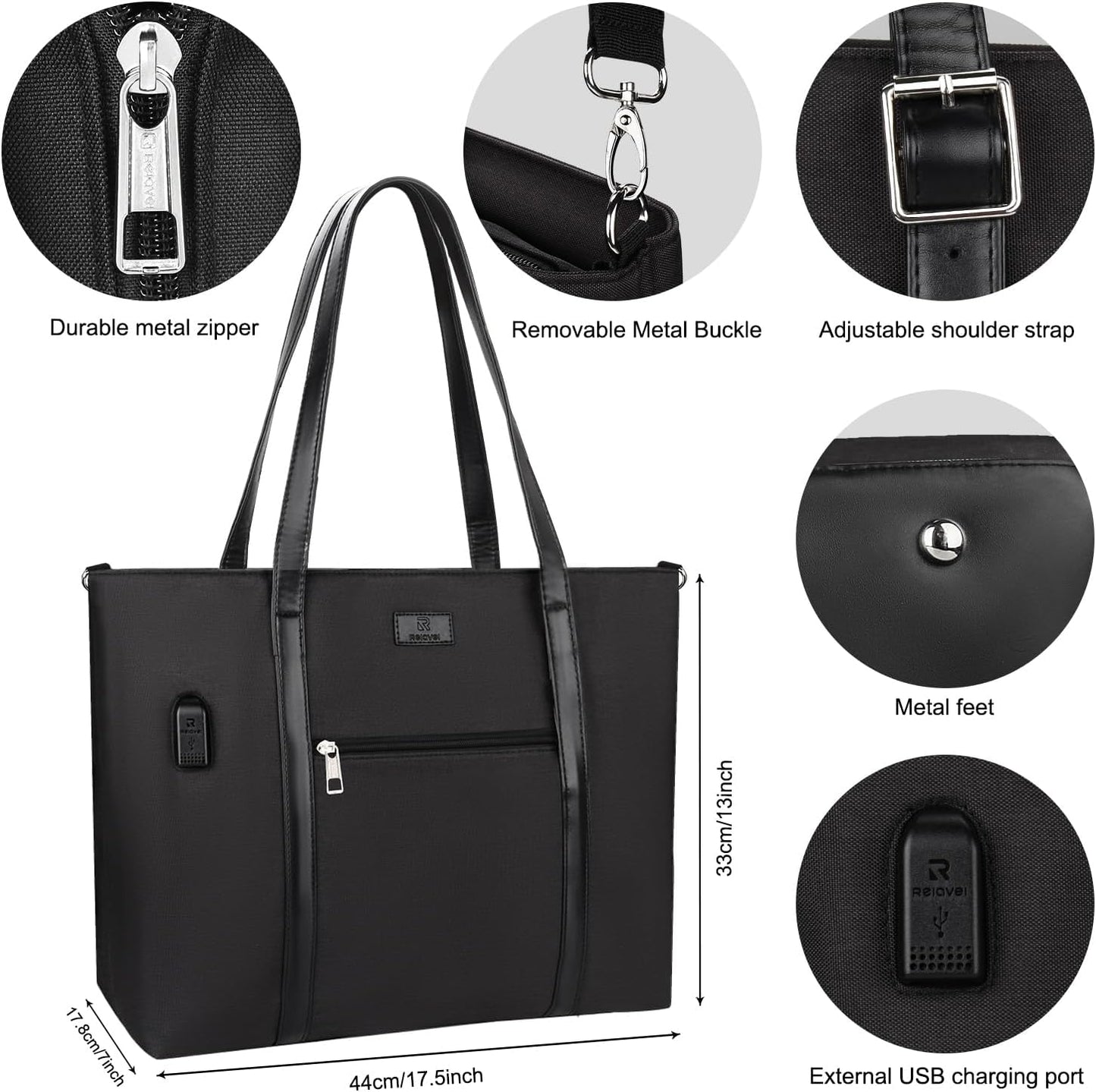 Laptop Bag for Women 17.3 Inch Laptop Tote Bag Large Work Tote Bag Waterproof Work Bag Teacher Bag with USB Charging Port Computer Tote Bag Nylon Handbag Satchel Shoulder Bag(17.3 inch, Black) - PuriLite