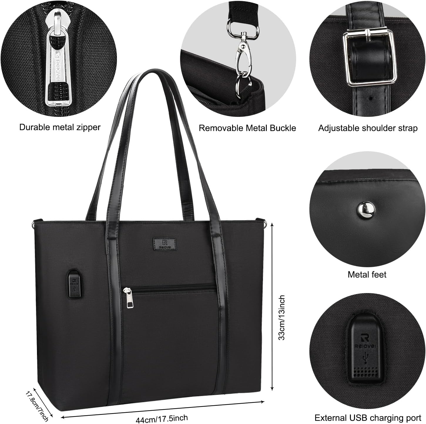 Laptop Bag for Women 17.3 Inch Laptop Tote Bag Large Work Tote Bag Waterproof Work Bag Teacher Bag with USB Charging Port Computer Tote Bag Nylon Handbag Satchel Shoulder Bag(17.3 inch, Black) - PuriLite